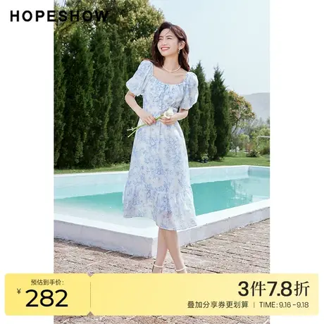 红袖outlets泡泡袖连衣裙hopeshow2023夏季新款女气质减龄碎花裙图片