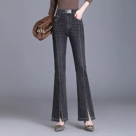 2023秋季新款喇叭裤女松紧腰修身开叉牛仔裤通勤微喇长裤休闲裤子图片