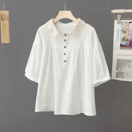文艺女装提花短袖衬衫女夏装新款宽松大码遮肚显瘦娃娃衫套头上衣图片