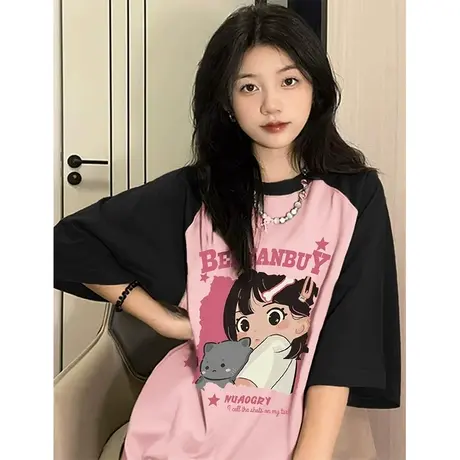 纯棉美式复古插肩短袖t恤女夏季新款设计感韩版宽松上衣潮小个子商品大图