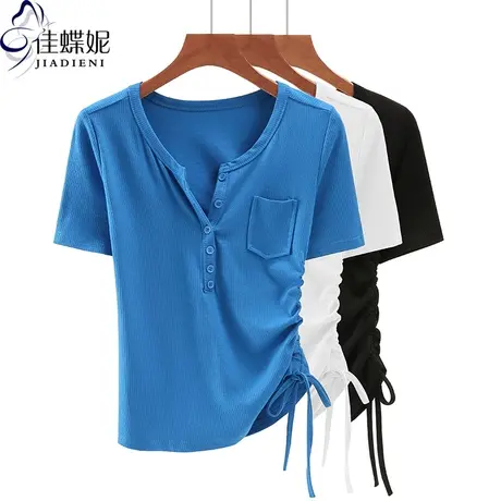 夏季新款韩版圆领纯棉修身纯色短款抽绳纯欲短袖体恤上衣女打底商品大图