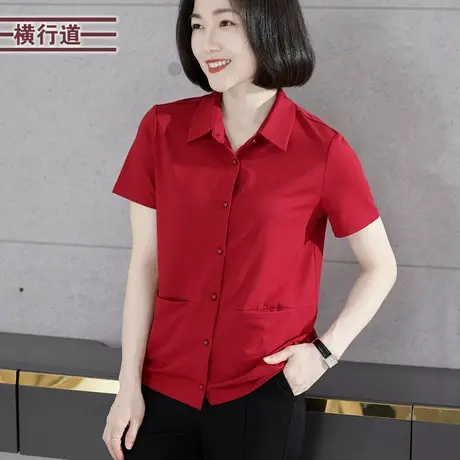 2023夏季新款简约休闲翻领纯色口袋短袖开衫T恤小衫女装上衣大码商品大图