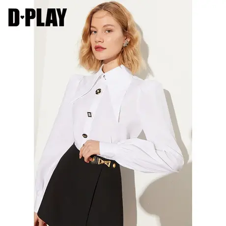 DPLAY秋装款复古通勤风泡泡灯笼袖定制金属扣装饰白色衬衫商品大图
