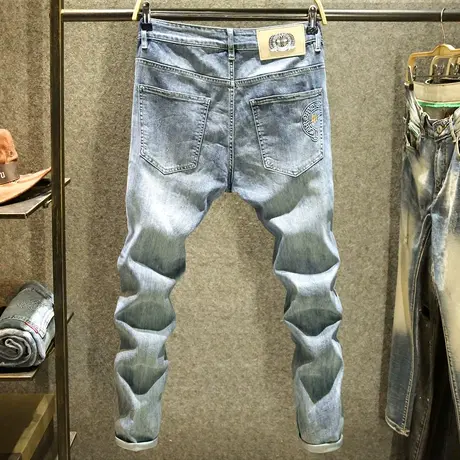 九分裤男高端水洗牛仔裤男款夏季修身小脚裤潮牌立体印花男装裤子商品大图