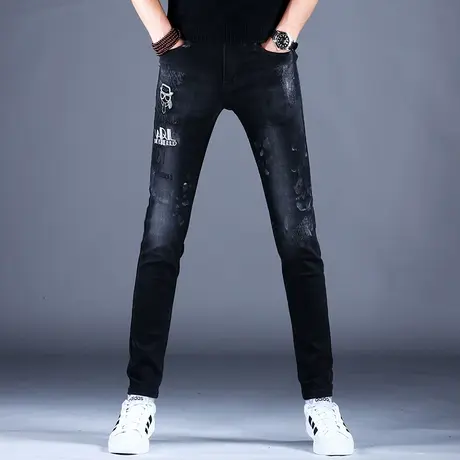 2023男士新款牛仔裤子黑色修身精致刺绣小脚裤男潮牌百搭百搭棉弹商品大图