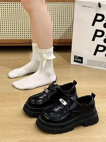 英伦风小皮鞋女单鞋2023新款女鞋子厚底复古系带圆头jk黑色乐福鞋商品大图