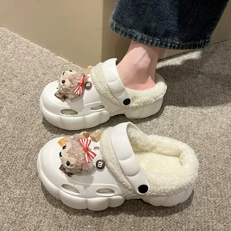 厚底洞洞鞋女外穿2023秋冬新款可爱室内居家防滑保暖加绒棉拖鞋女图片