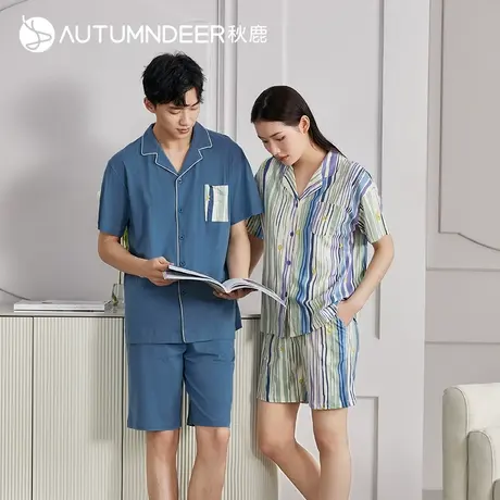 秋鹿简约条纹纯棉小翻领情侣睡衣短袖短裤男士家居服女夏薄款套装图片