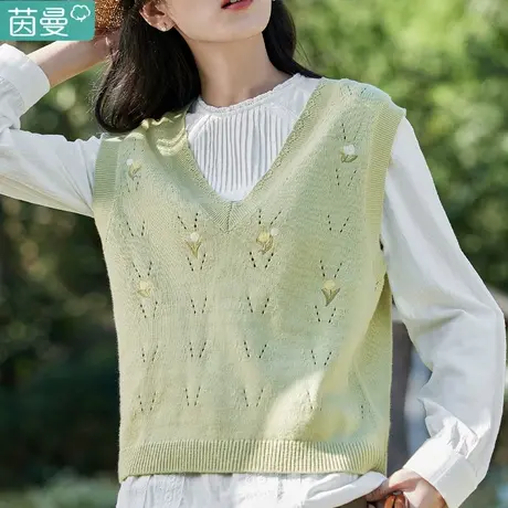 茵曼法式v领毛线衣针织衫马甲女士2023年秋新款宽松无袖套头上衣图片