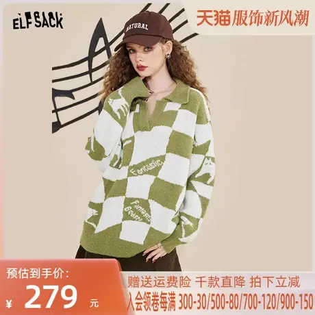 妖精的口袋棋盘格polo领毛衣女2022秋冬季新款套头圆领宽松慵懒风图片