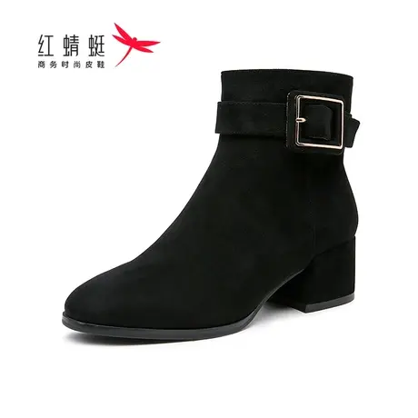 红蜻蜓女鞋女靴秋冬季新款时尚百搭粗跟中跟加绒保暖舒适透气防滑图片