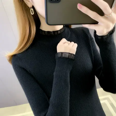 黑色针织打底衫女半高领春秋冬2021新款修身紧身上衣内搭中领毛衣图片