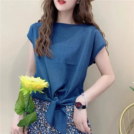 圆领下摆打结宽松套头短袖针织衫T恤女2023韩版夏季纯色薄款上衣商品大图