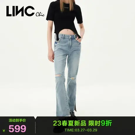 LINC金羽杰2023年秋季新款紧致弹力中腰破洞喇叭裤开叉牛仔裤女商品大图