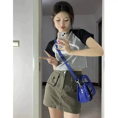 夏季新款复古辣妹上衣女设计感小众短款插肩短袖t恤美式打底小衫商品大图