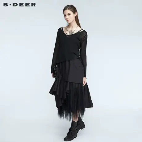 sdeer圣迪奥不规则网纱针织两件套吊带连衣裙S21181202图片
