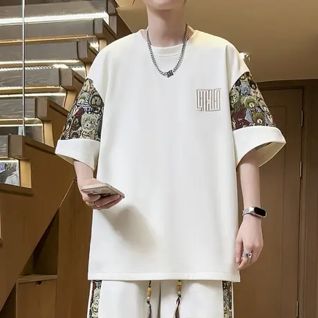 刺绣小熊拼接宽松短袖T恤男港风ins夏季2025新款圆领体恤半袖上衣商品大图
