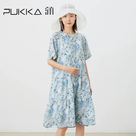 蒲PUKKA 原创设计2023夏季新品亚麻宽松印花短袖碎褶蛋糕连衣裙图片