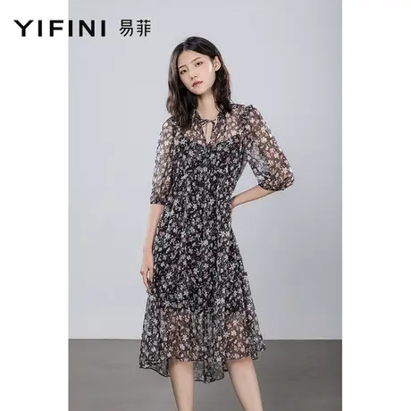 Yifini/易菲雪纺宽松连衣裙女印花中袖两件套中长款裙子夏新图片