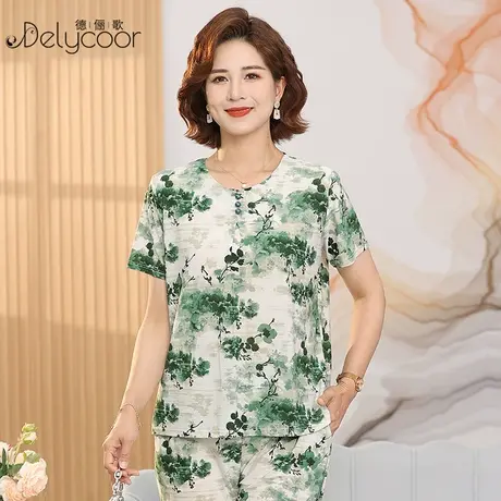 妈妈冰丝套装中老年人女装夏季透气名族风短袖t恤大码薄上衣睡衣图片