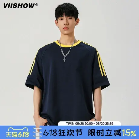 VIISHOW三条杠短袖t恤男士2025夏季美式青少年宽松百搭圆领半袖商品大图
