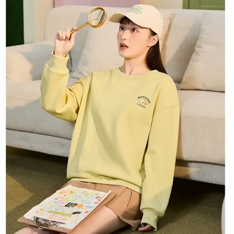 唐狮冬季新款女卫衣圆领加绒款简约宽松上衣百搭学院风小个子商品大图