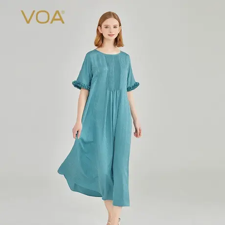 VOA椰蓝22姆米暗纹提花桑蚕丝圆领木耳边装饰短袖宽松真丝连衣裙图片