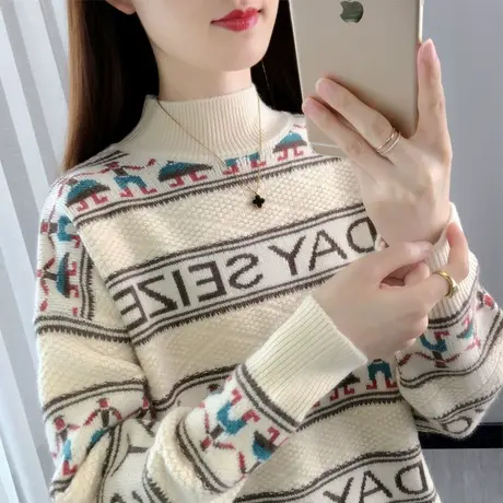 秋冬新款名族风复古套头毛衣女2023百搭提花长袖上衣半高领打底衫商品大图