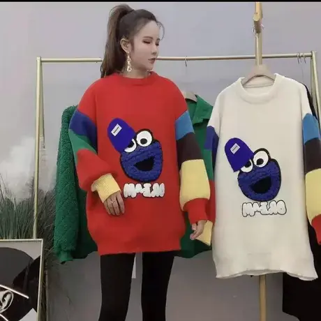 2023早春新款小众设计感撞色长袖宽松显瘦加厚圆领针织毛衣女潮款图片