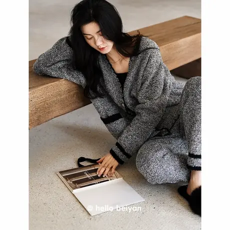 贝妍新款秋冬季女珊瑚绒睡衣保暖半边绒家居服时尚开衫可外穿套装商品大图