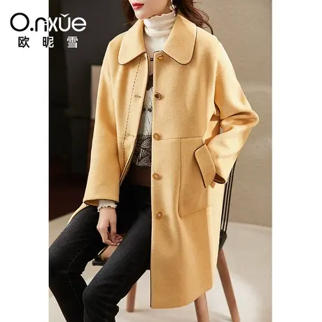 欧昵雪2023冬季新品简约翻领明线中长款呢子大衣女宽松毛呢外套图片
