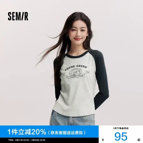 [商场同款]森马长袖T恤女拼色插肩袖小狗2024冬新款修身抓毛衣服图片