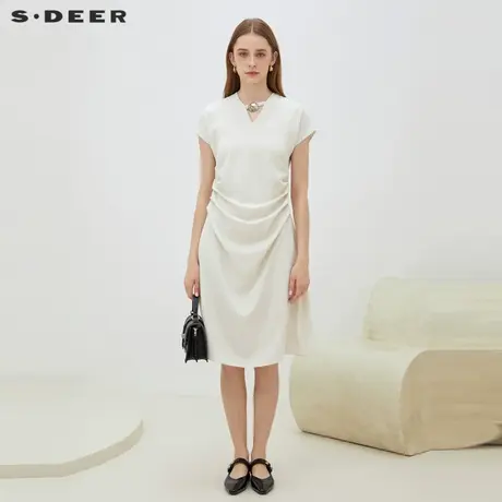【直播间专属】sdeer圣迪奥OL风V领压褶缎面短袖连衣裙S223Z12W2商品大图