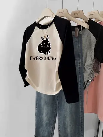 插肩短款长袖上衣女秋港味chic大码设计感小众ins潮牌卡通减龄T恤图片