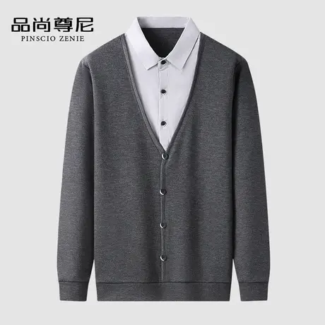 【舒适亲肤】套头双领针织衫假两件男士休闲上衣春秋中老年爸爸装商品大图