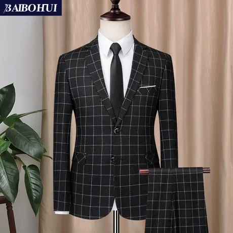 男士西服套装韩版修身新郎结婚礼服商务正装格子休闲小西装男套装图片