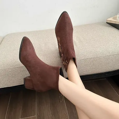 加绒马丁靴女款2023新款秋季粗跟高跟鞋复古女士棕色短款秋冬靴子商品大图