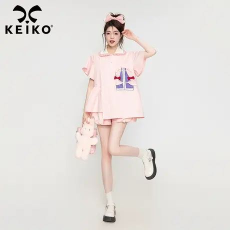 KEIKO 法式甜妹粉色衬衫女2023夏季少女感印花polo领上衣别致小衫图片