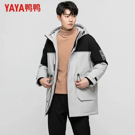 鸭鸭羽绒服男款冬季中长款工装加厚时尚休闲拼接撞色极寒保暖外套商品大图