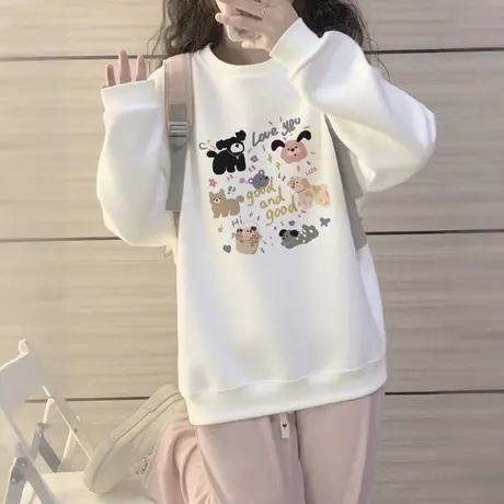 圆领卫衣女2025新款白色加绒长袖无帽独特初中高中学生上衣女早秋商品大图