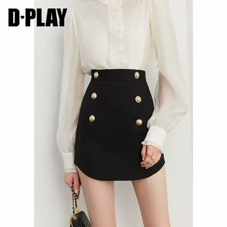 DPLAY春新气质通勤设计感U型下摆黑色双排装饰扣修身短裙商品大图