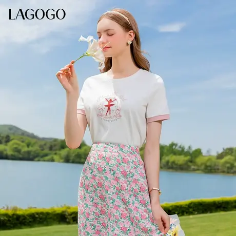 LAGOGO白色字母刺绣圆领T恤女拉谷谷夏季新款百搭多巴胺撞色短袖商品大图