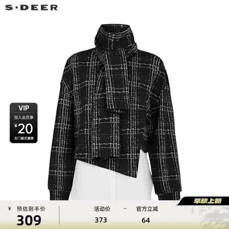 sdeer圣迪奥女装秋格纹不规则围巾衬衫三件套外套S24182203商品大图