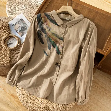 享永子【有鸟焉，其状如翟而五采文】彩色羽毛印花全棉衬衫上衣女图片