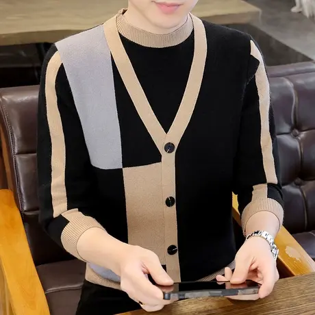 毛衣男潮牌设计感假两件秋冬撞色韩版时尚套头内搭打底针织衫上衣商品大图