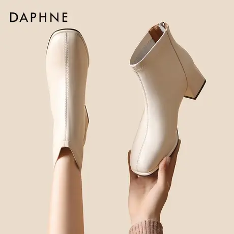 达芙妮方头短靴女2025新款秋冬法式粗跟瘦瘦靴百搭裸靴时装马丁靴图片