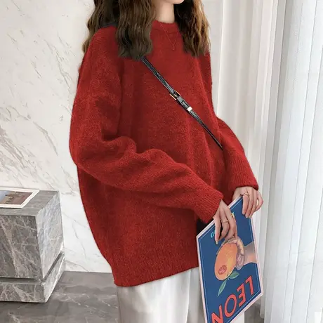 唐狮秋冬季毛衣女简约净色百搭圆领套头慵懒风高级感毛线衫TU图片