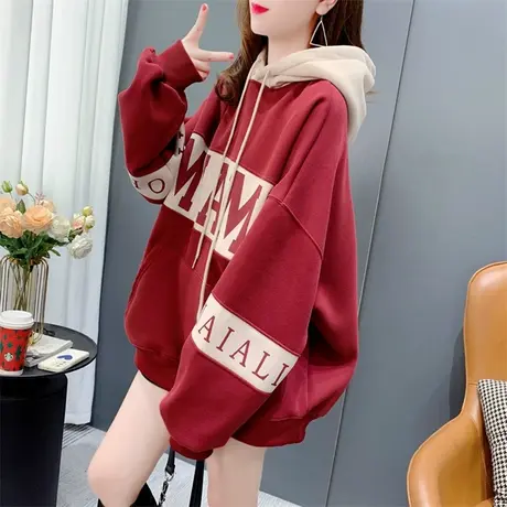宽松慵懒风加绒连帽卫衣女秋冬2022新款百搭字母洋气上衣外套学生商品大图