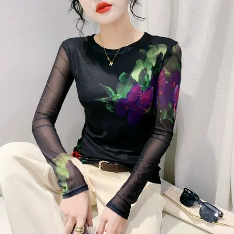 性感网纱T恤女长袖撞色圆领上衣洋气修身减龄小衫透气百搭打底衫商品大图