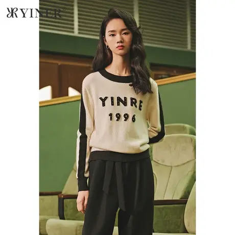 YINER音儿商场同款女装秋季新款气质简约刺绣毛针织衫商品大图